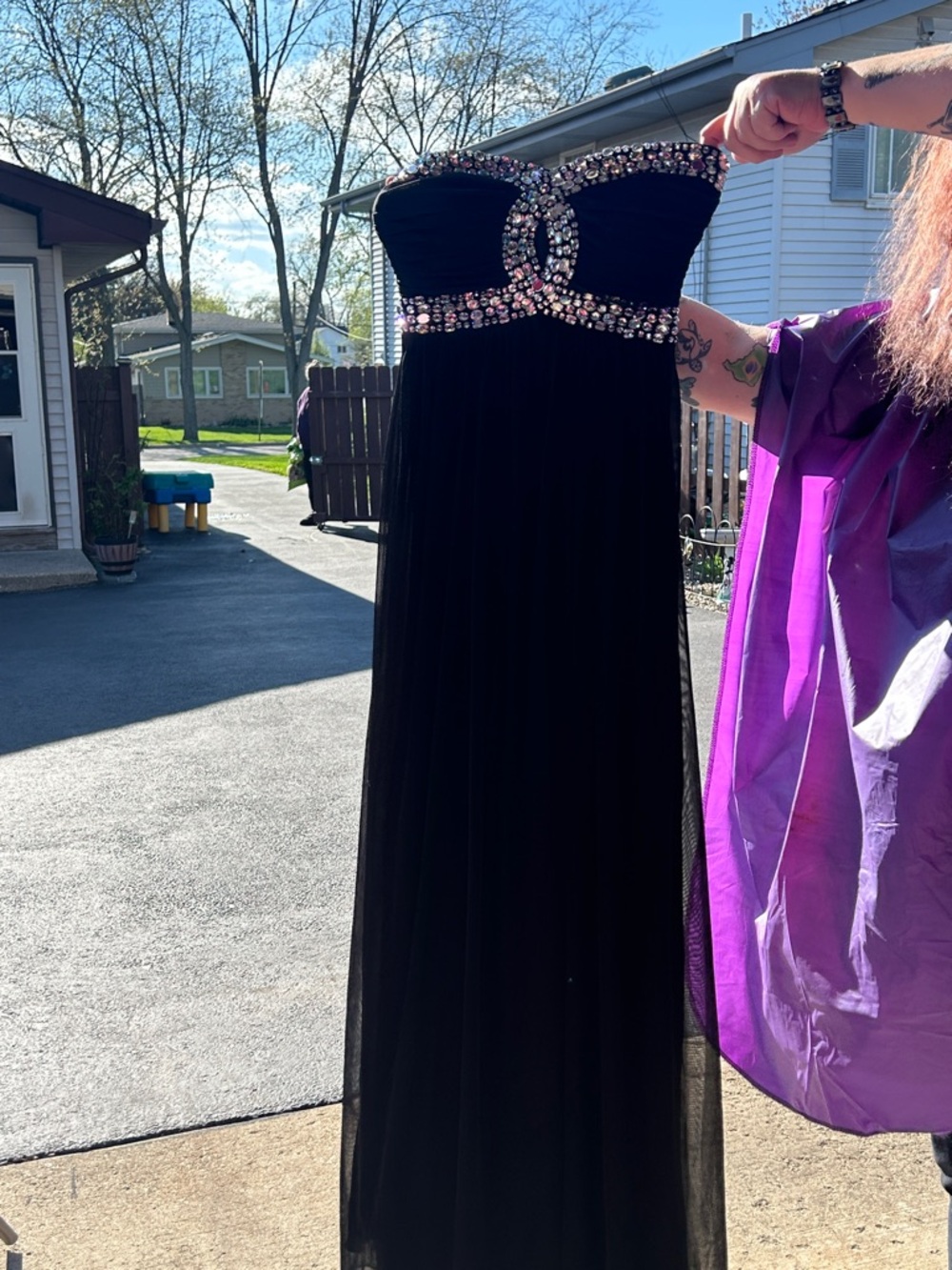 La Femme Black Strapless Gown with Rhinestone Accents